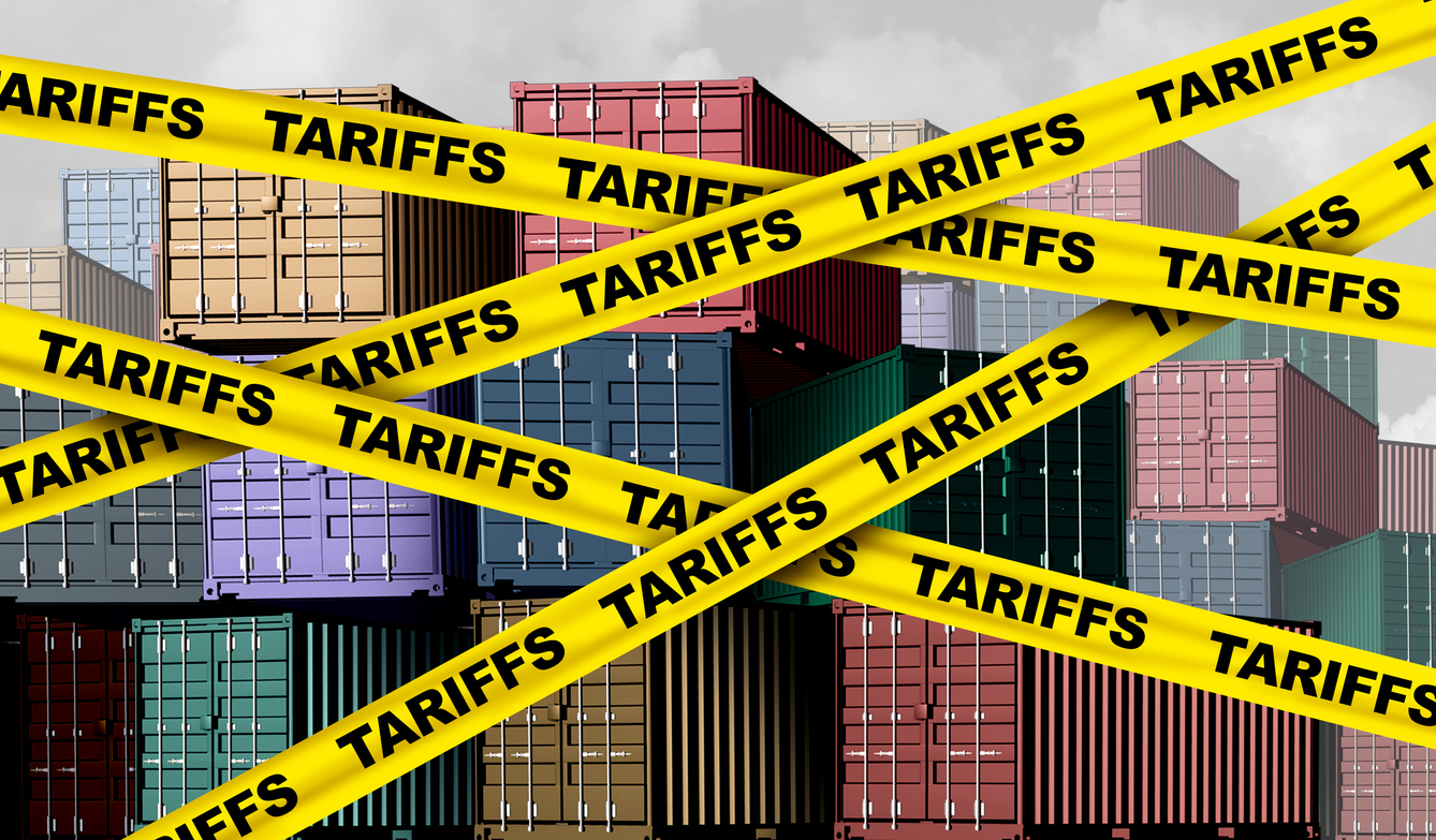 supply chain containers with tariffs warnings across them